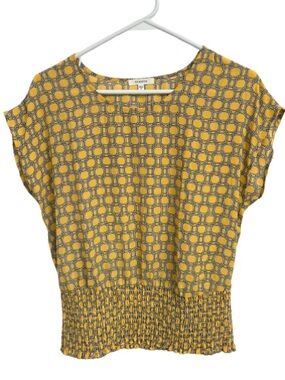 Pleione Yellow and Gray Geometric Smocked-Waist Blouse